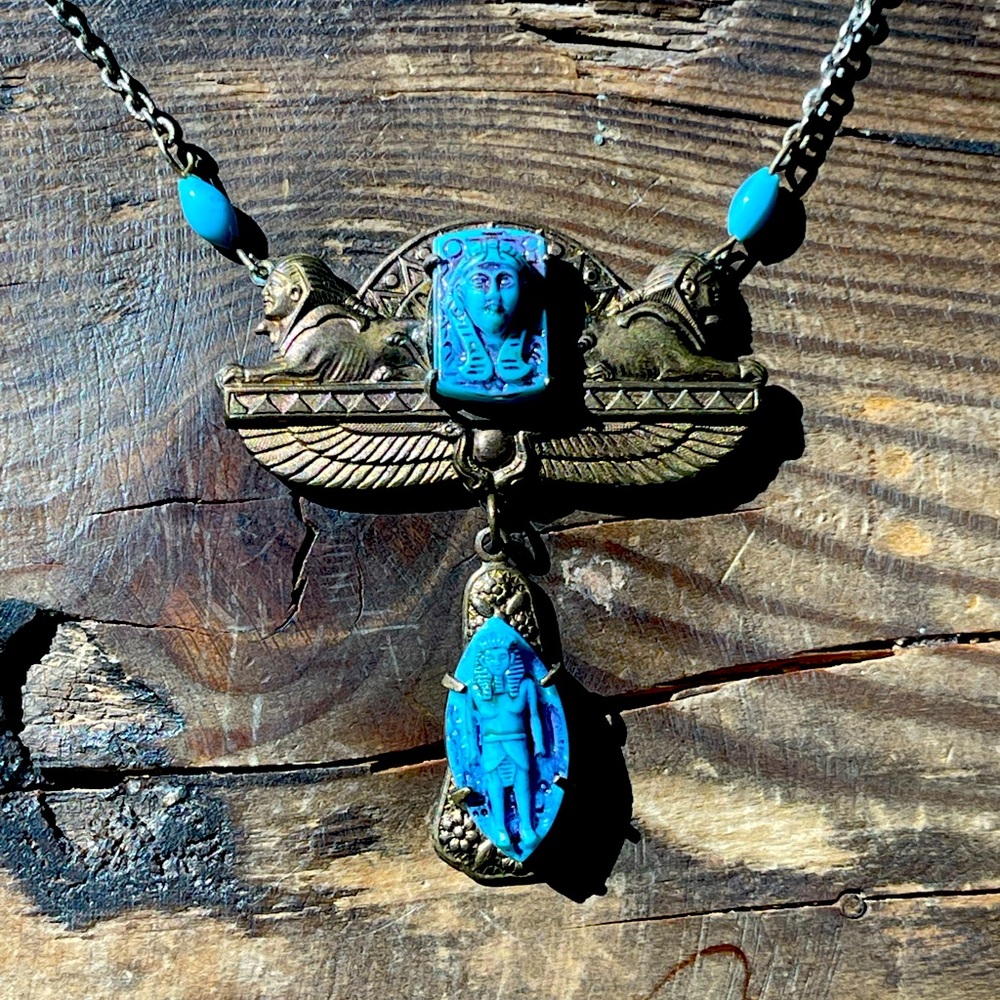 Egyptian Necklace, Gold Tone and Blue Stone Sphinx Egyptian God Necklace